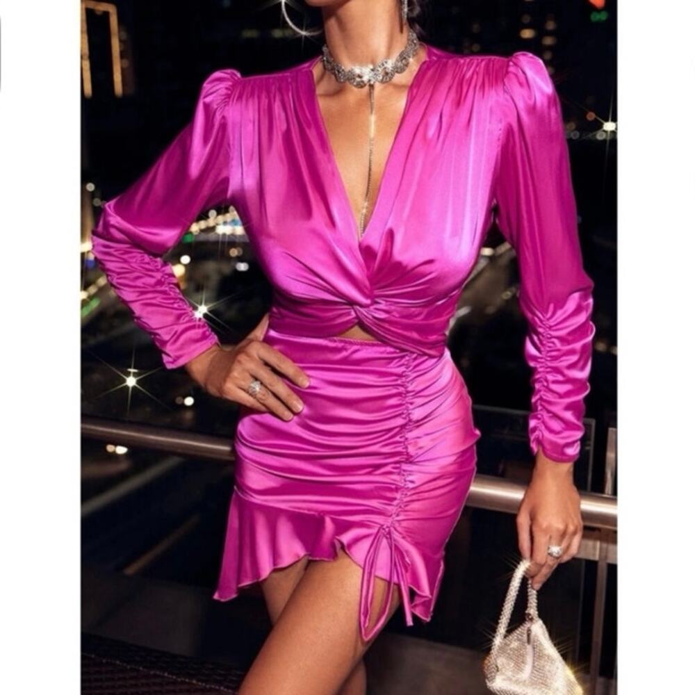 Glamaker Pink Satin Silk Long Sleeve Cut-Out Ruffles Ruched Tiered Mini Dress S